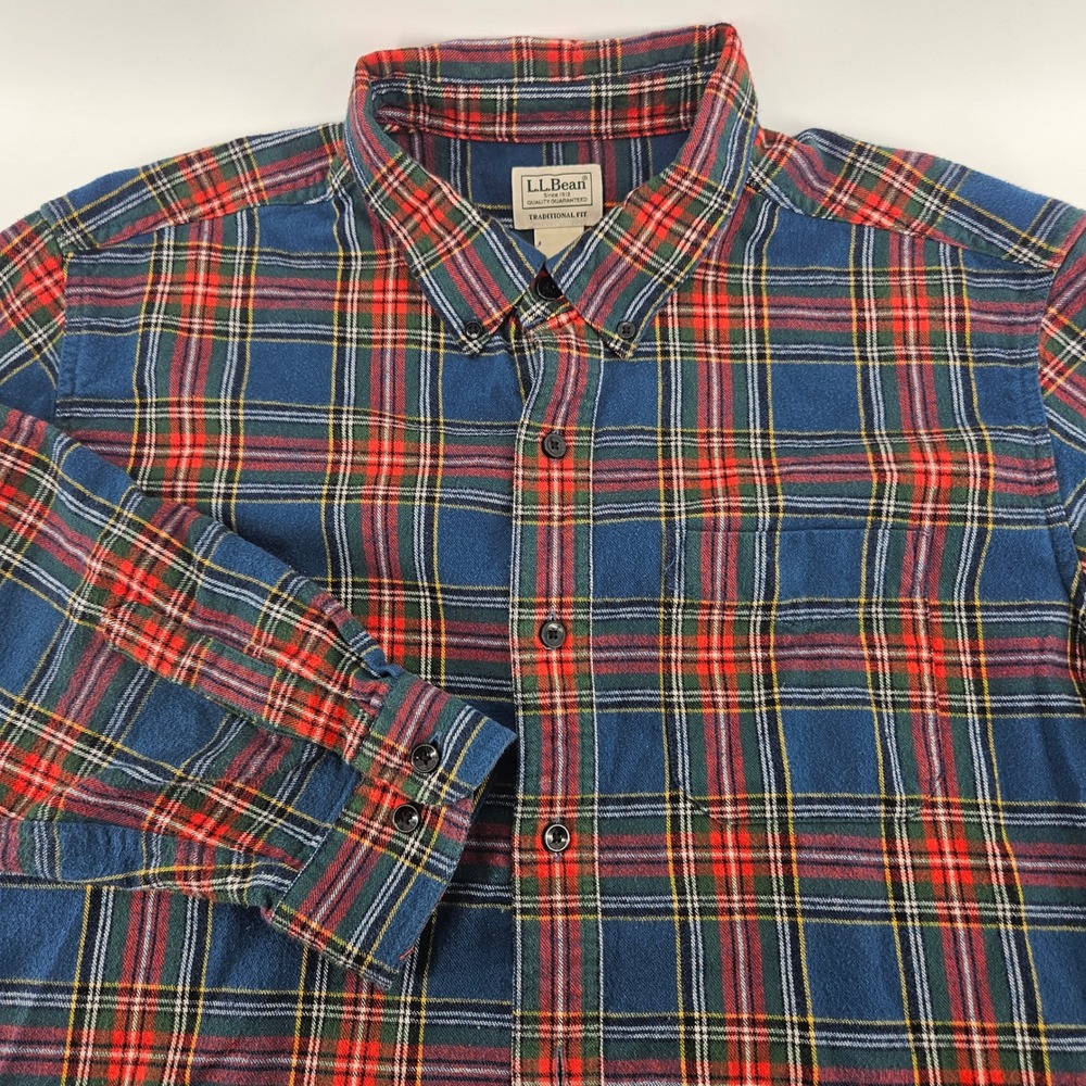 LL Bean Flannel Shirt Mens XL Blue Red Plaid Traditional Fit Cotton 228061